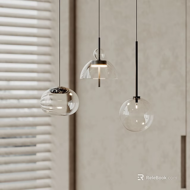 Modern Interior Design With Three Transparent Glass Pendant Lights Hanging Near Window Blinds 3d model 