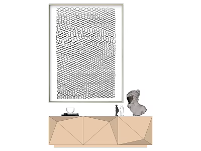 Geometric Cabinet Display With Grid Art Painting And Dog Sculpture Decor 3d model