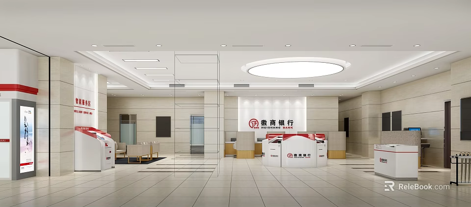 Guizhou Bank Modern Lobby Interior With Service Counter And Bright Spacious Design 3d model 