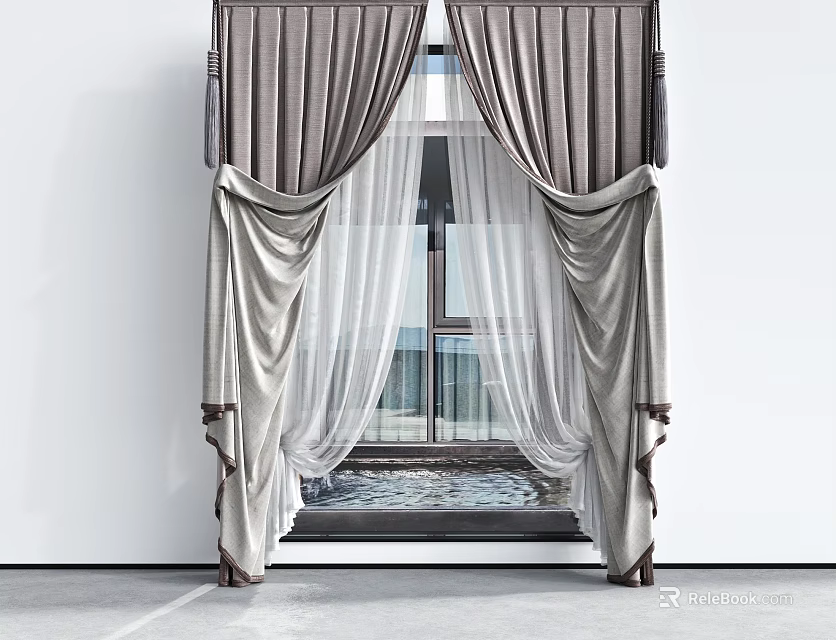 Elegant Double Layer Curtains With Pleated Design And Sheer Inner For Window View 3d model