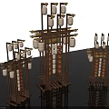 Traditional Chinese Style Wooden Structures With Hanging Lanterns And Decorative Design