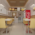 Bright Restaurant Interior With Yellow Chairs White Tables Menu Display And Coca-Cola Sign