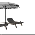 Outdoor Wooden Lounge Chairs With Light And Dark Colors Under White Umbrellas