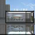 Modern Transparent Glass Curtain Wall Sales Office Building With High Rise Background And Water Reflection