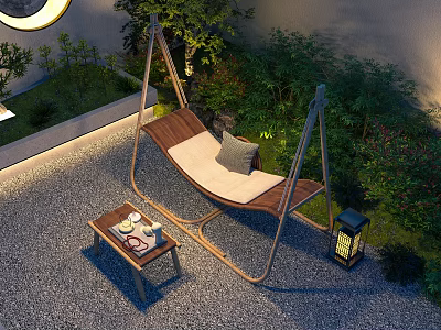 Outdoor Hanging Swing Chair with Cushion in Garden Patio with Side Table and Lantern 3d model