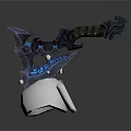 Glowing Fantasy Axe with Purple Blue Blade Mechanical Details and Brown Handle on White Stand