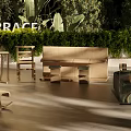 Modern Villa Terrace Outdoor Living Space With Wooden Seating Greenery And Glass Railing