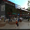Bustling Commercial Street With Modern Shops Pedestrians Parked Cars And Lush Greenery