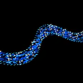 Flowing Curved Art Installation With Blue Fish And White Light Spots On Black Background