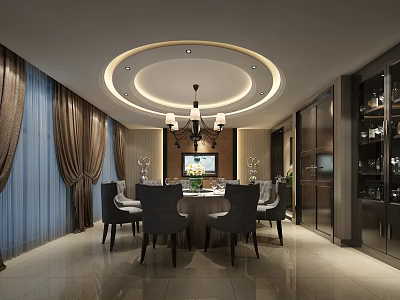 Private Dining Room Interior With Round Table Chandelier Curtains And Wine Cabinet 3d model