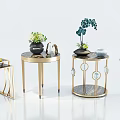 Modern Elegant Round Side Tables With Gold Metal Frame And Marble Top Decorative Plants