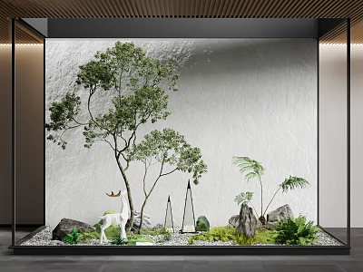 Karesansui Dry Landscape Garden Design With Green Tree White Deer Natural Stones And Moss 3d model