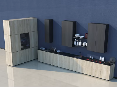 Modern Kitchen Cabinet Design With Wooden Finish And Wall Mounted Storage Units 3d model