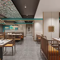 Modern Hotpot Restaurant Interior With Wooden Partition Seating Hanging Lamps Large Windows And Tree Views