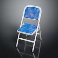 Folding Leisure Chair With White Metal Frame And Blue Patterned Seat Backrest