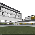 Modern School Building With Yellow Vertical Panels Multi Storey Courtyard Green Lawn And Stone Path