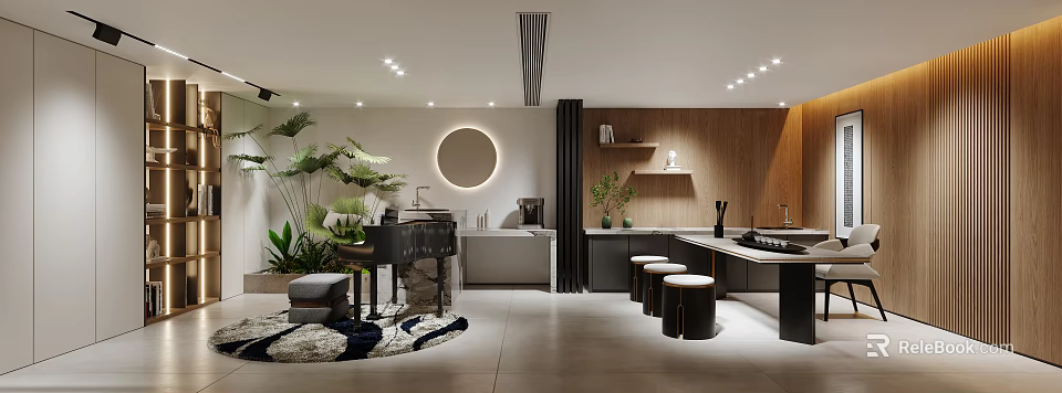 Modern Open Kitchen Interior Design With Island Counter And Cabinets 3d model 