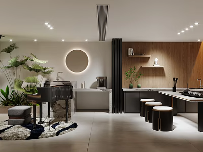 Modern Open Kitchen Interior Design With Island Counter And Cabinets 3d model