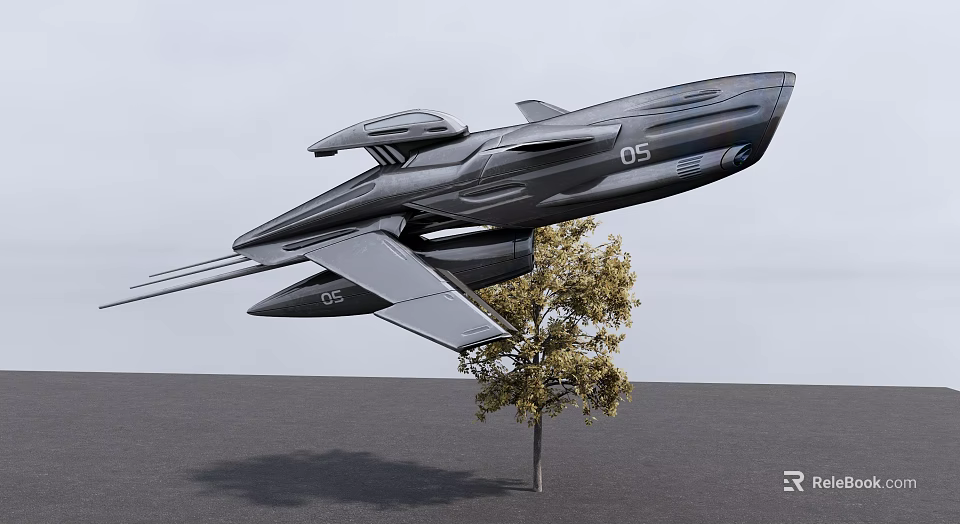 Futuristic Flying Vehicle With 05 Marking Flying Over Tree On Gray Ground 3d model 