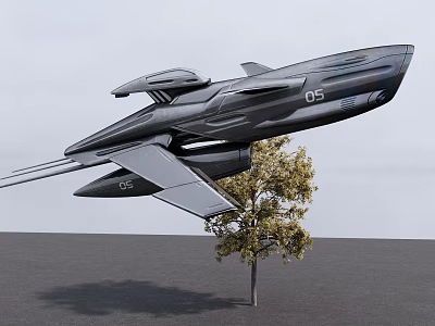 Futuristic Flying Vehicle With 05 Marking Flying Over Tree On Gray Ground 3d model