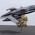 Futuristic Flying Vehicle With 05 Marking Flying Over Tree On Gray Ground
