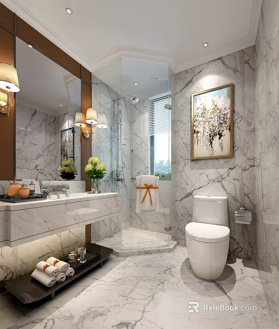 Modern Bathroom White Toilet with Marble Walls Mirror and Shower Area Painting 3d model 