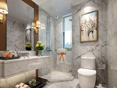 Modern Bathroom White Toilet with Marble Walls Mirror and Shower Area Painting 3d model