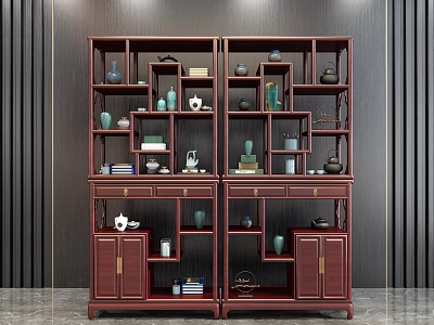 Traditional Chinese Display Cabinet With Multiple Shelves Storage Cabinets And Decorative Vases Tea Sets Books 3d model