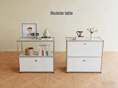 Modern Bedside Tables With White Drawers Metal Frame And Decorative Items 3d model