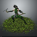 Green Clad Warrior Crouching With Axe And Bow Among Small Creatures On Grass Field