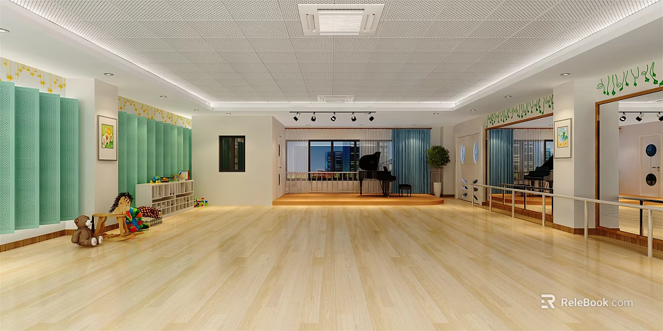 Dance Fitness Studio With Spacious Wooden Floor Large Mirrors And Barres For Workout 3d model 