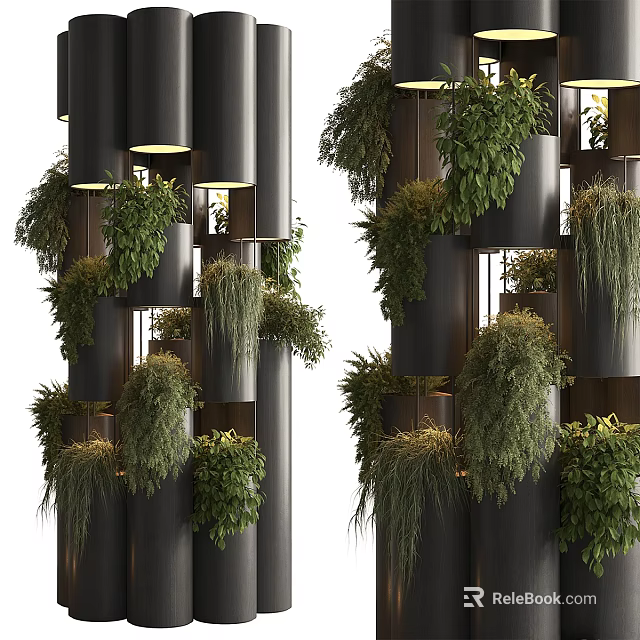 Modern Vertical Living Plant Wall With Black Cylindrical Structure And Lush Green Plants 3d model 