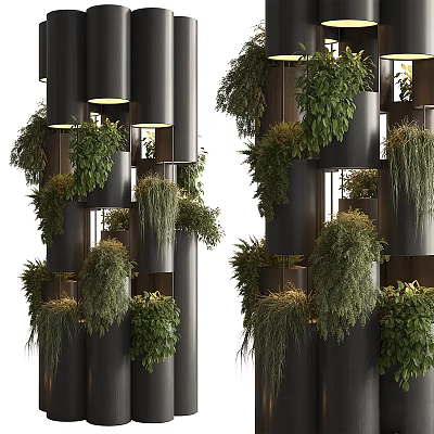 Modern Vertical Living Plant Wall With Black Cylindrical Structure And Lush Green Plants 3d model
