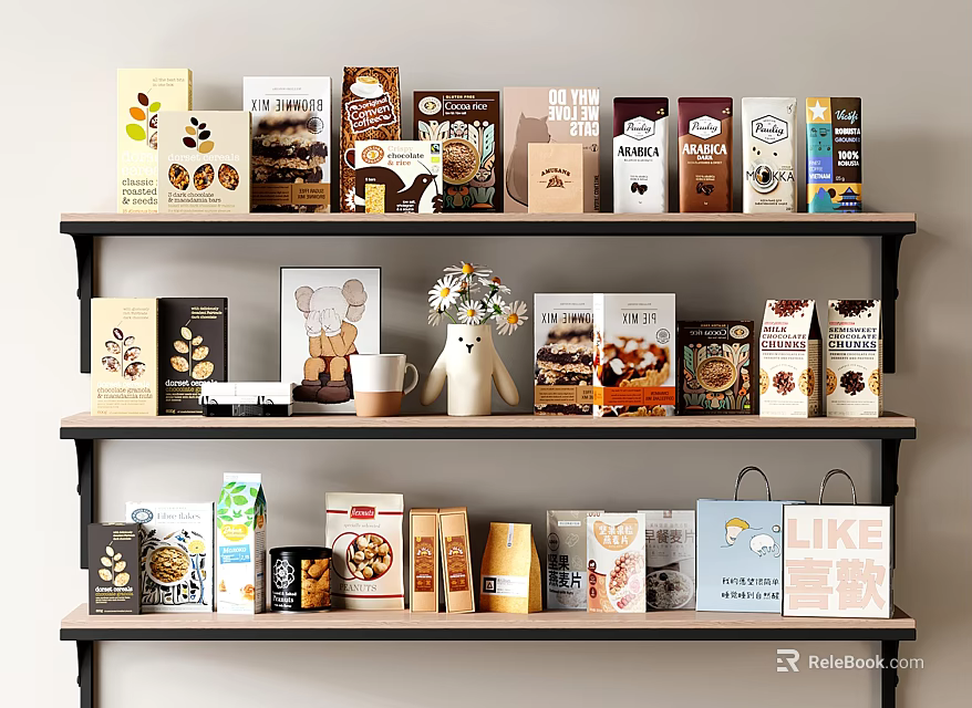 Food Packages on Shelves with Various Snacks Cookies Coffee Decorative Vase and Bear Figurine 3d model 