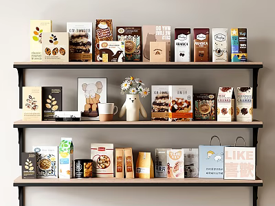 Food Packages on Shelves with Various Snacks Cookies Coffee Decorative Vase and Bear Figurine 3d model
