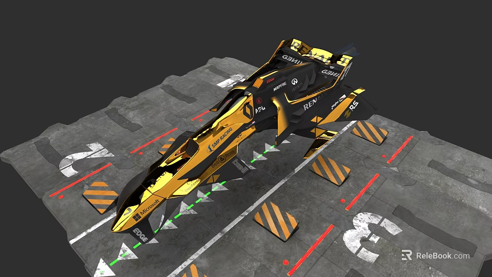 Yellow and Black Racing Car on Track with Stripes Markings and Streamlined Design 3d model 