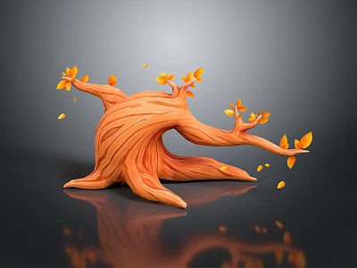 Cartoon Scene with Textured Orange Tree Stump Branches Falling Yellow Leaves Roots Dark Background Reflection 3d model