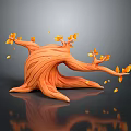 Cartoon Scene with Textured Orange Tree Stump Branches Falling Yellow Leaves Roots Dark Background Reflection