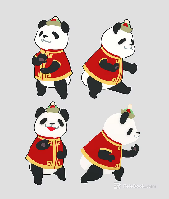 Cute Reptiles In Red Traditional Clothing With Hats And Various Poses 3d model 