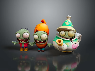 Cartoon Zombie Characters Three Funny Creatures In Green Orange Teapot Costumes 3d model