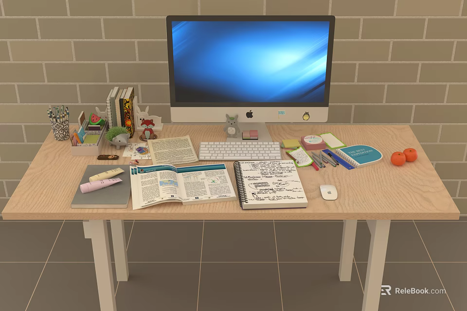 Organized Home Office Desk With Computer Monitor Keyboard Books Notebooks And Stationery 3d model 