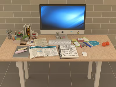 Organized Home Office Desk With Computer Monitor Keyboard Books Notebooks And Stationery 3d model