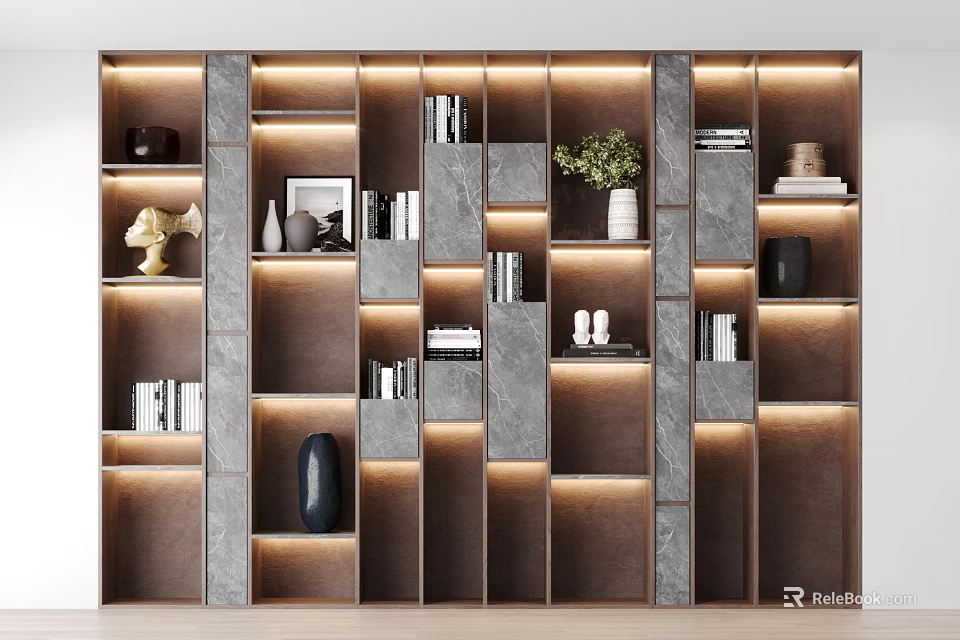 Modern Layered Bookcase With Lighting Strips Marble Material And Decorative Items 3d model 