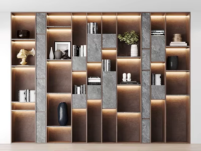 Modern Layered Bookcase With Lighting Strips Marble Material And Decorative Items 3d model