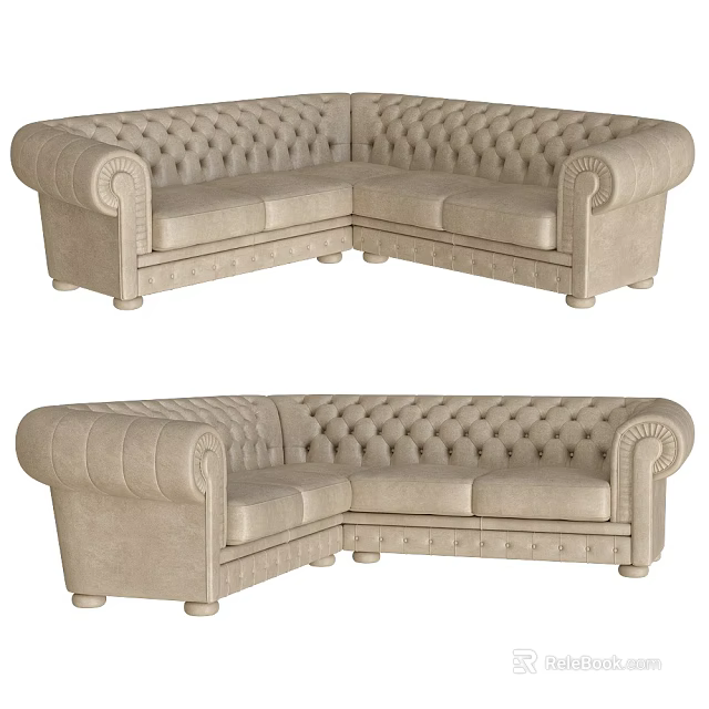 Classic Beige L Shaped Tufted Fabric Sofa Set With Rolled Arms 3d model
