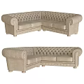 Classic Beige L Shaped Tufted Fabric Sofa Set With Rolled Arms 3d model