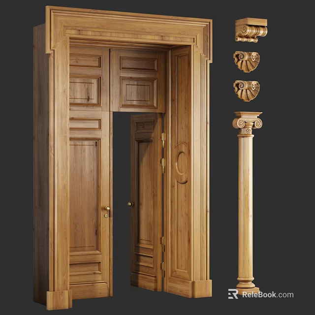 Classic Wooden Double Doors With Intricate Carvings And Decorative Columns 3d model 