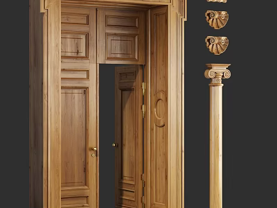 Classic Wooden Double Doors With Intricate Carvings And Decorative Columns 3d model