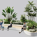 Curved Outdoor Bench Surrounded By Green Plants With People Relaxing