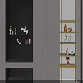 Modern Decorative Cabinet With Grey Doors Open Shelves Gold Accents And Illuminated